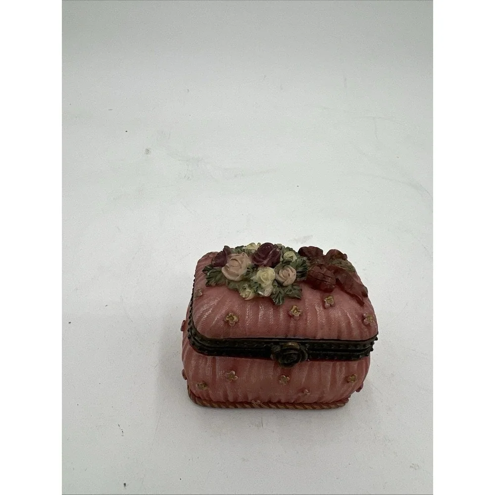 Pink Floral Decorative Trinket Box with Hinged Lid Collectible